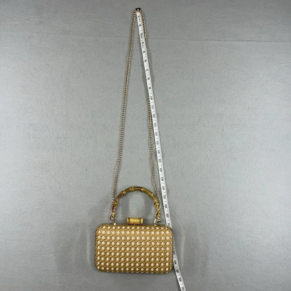 Tommy Bahama Woven Cane Bamboo Handle Clutch Bag Gold Chain Strap Tan White NEW